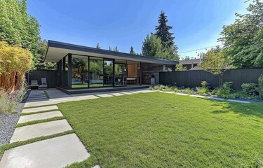 Wall Mural - Beautiful home with a modern design and a large backyard featuring a stone patio