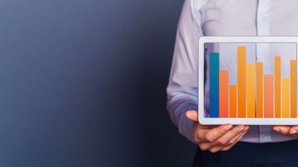 Poster - Businessman holding a digital tablet displaying colorful graphs and charts, representing data analysis and growth.