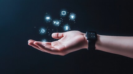 Poster - Health monitoring devices reach for connectivity dark background digital icons technology environment futuristic concept