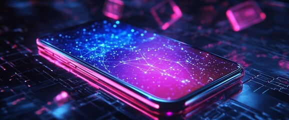 Aufkleber - A futuristic smartphone displaying a vibrant, interconnected digital network.
