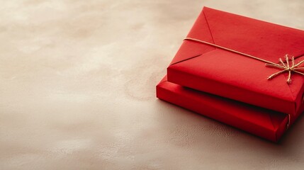 Poster - a neatly stacked pair of red envelopes resting on a soft beige surface accented by a single elegant 