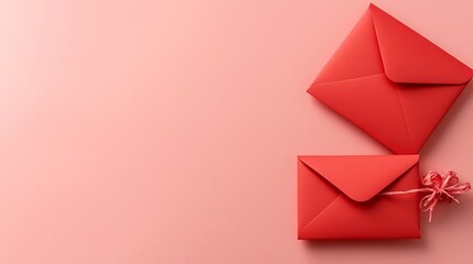 Poster - Elegant red envelopes arranged in a symmetrical pattern on a smooth pastel pink background creating a modern and minimalist look with ample copy space and no distracting elements