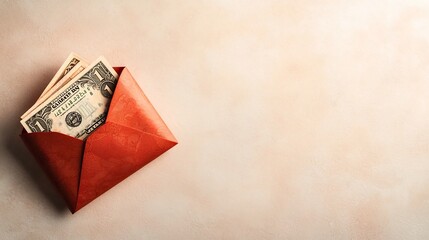 Poster - Neatly Folded Banknote Emerging from Traditional Red Ang Pao Envelope Isolated on Light Beige Background with Soft Shadows and Ample Copy Space