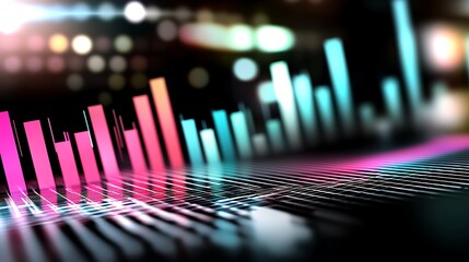 Poster - Abstract financial data visualization with glowing bars and lines on a dark background.