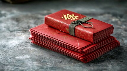 Poster - Stacked Red Chinese New Year Envelopes with Gold Prosperity Symbol  Fu  Neatly Arranged on a Minimalist Background with Ample Copyspace