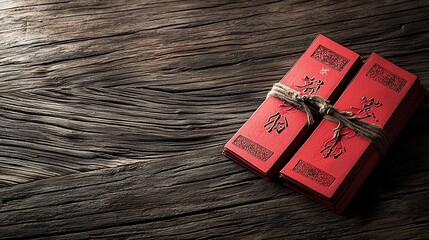 Poster - Auspicious Red Chinese Couplets with the Iconic Prosperity Character Laid Flat on a Rustic Wooden Table with Generous Copy Space and a Traditional Minimalist Look