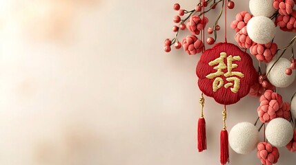 Poster - Elegant Red Hanging Featuring the Auspicious Chinese Character Surrounded by Intricate Golden Embroidery Isolated on a Soft Neutral Background with Minimalist Design