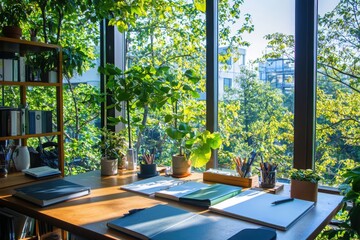 Poster - Creating an inviting workspace setup with neatly arranged notebooks and stationery items alongside plants for a stylish home office environment