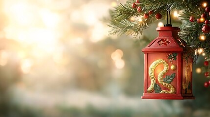 Poster - Decorative Red Lantern with Golden Snake Motif Hanging Against Blurred Festive Background  Traditional Asian with Copy Space