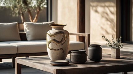 Poster - Elegant ceramic vase with a captivating golden snake design placed on a minimalist contemporary table setup with ample copy space for product photography or graphic design
