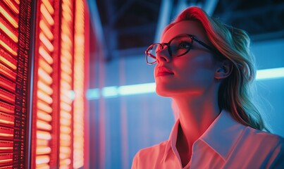Poster - A woman with glasses gazes thoughtfully at illuminated data panels.