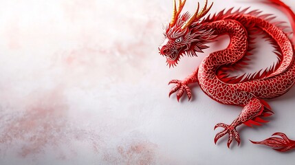 Poster - Detailed and Intricate Red Paper Cut Dragon Isolated on Bright White Background Symbolizing Prosperity and Auspicious Chinese Culture