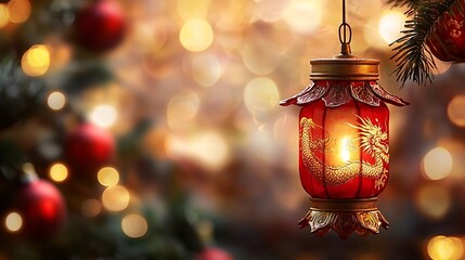 Poster - Glowing red and gold Chinese lantern with an intricate dragon motif hanging against a blurred festive background with ample copy space for text or design overlay