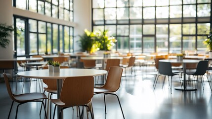 Poster - Bright, modern dining area with tables and chairs, surrounded by greenery.