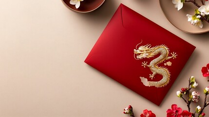 Poster - Elegant Red Envelope with Sophisticated Golden Dragon Design Showcased on a Neutral and Clean Background Providing Ample Copy Space for Branding Packaging or Greeting Card Purposes