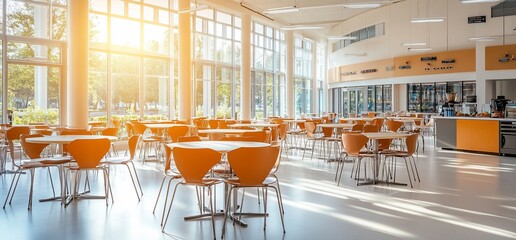 Poster - Bright, modern dining area with orange chairs and large windows.