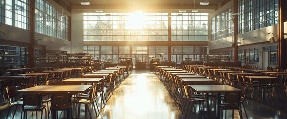 Poster - Brightly lit school cafeteria with rows of tables and chairs.