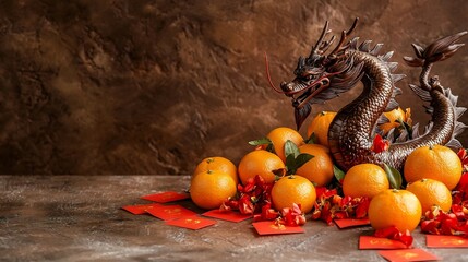 Poster - festive chinese new year table arrangement featuring a central dragon sculpture surrounded by mandar