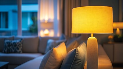 Poster - Cozy living room with a warm lamp and soft cushions in evening light.
