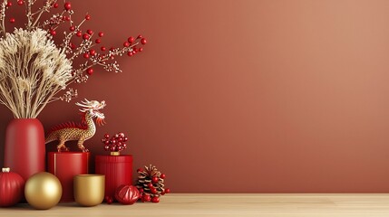 Poster - Elegant Chinese New Year Scene with a Small Dragon Figurine Amid Red and Gold Ornamental Decor Leaving Ample Copyspace for Overlay