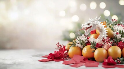 Poster - Elegant and Auspicious Chinese New Year Table Setting with a Centerpiece Dragon Sculpture Surrounded by Mandarin Oranges and Red Envelopes Offering Plenty of Copyspace