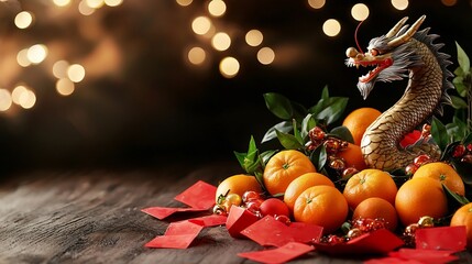 Poster - Elegant table arrangement for Chinese New Year featuring a centerpiece dragon sculpture surrounded by mandarin oranges and red envelopes