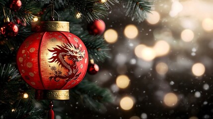 Poster - A vibrant and alluring red and gold paper lantern with an intricate dragon cutout design hanging elegantly against a blurred festive background with ample copy space