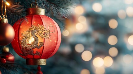 Poster - Elegant red and gold paper lantern with a beautiful dragon cutout design hanging in a blurred festive background with copy space for text overlay