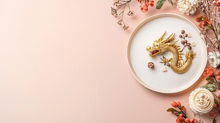 Poster - Elegant Chinese New Year Cake Decorated with Intricate Dragon Design in Shimmering Gold Icing Displayed on a Simple White Plate with Ample Copy Space for Greeting or Overlay