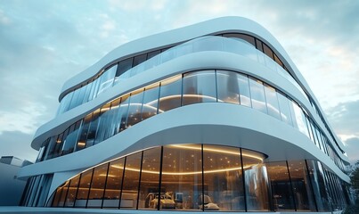 Poster - Modern architectural design featuring a sleek, curved glass facade.