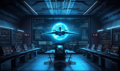 Poster - Futuristic control room with advanced technology and aircraft display.