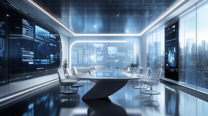 Poster - Modern conference room with high-tech displays and urban skyline view.