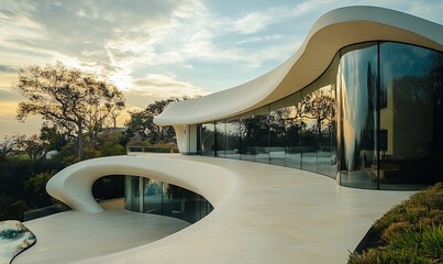 Poster - Modern architectural design featuring flowing curves and large glass windows.