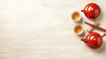 Poster - Minimalist red ceramic Chinese tea set displayed on a light wooden surface with clean uncluttered surroundings and ample copy space for design or text overlay  The simple