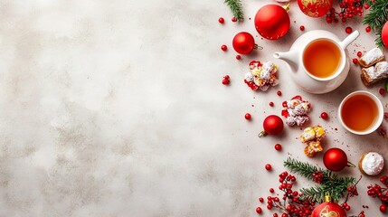 Poster - A photograph showcasing a beautifully arranged festive Chinese tea set surrounded by small red lanterns and traditional Chinese sweets