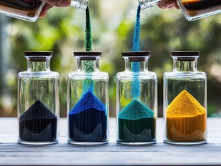 Poster - Pouring colored sand into layered bottles for decorative art indoor setting creative photography capturing the beauty of blending hues