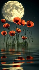 Wall Mural - poppies blooming under a full moon over tranquil waters at night