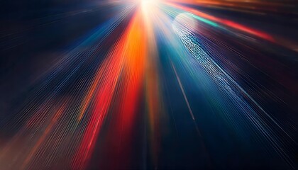 Poster - Captivating Rays of Motion A Stunning Display of Blurred Light, Rainbow Glares, and Defocused Colorful Glows with Lens Flare Reflections in Vibrant Red, Blue, and Orange Hues