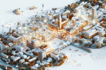 Poster - Visualizing smart city connections artistic digital map overlay of urban landscape data points and interactions in a modern city environment
