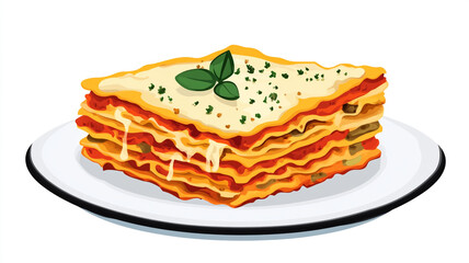 Wall Mural - Slice of layered lasagna with pasta, cheese, and sauce, served with garlic bread, Food Illustration