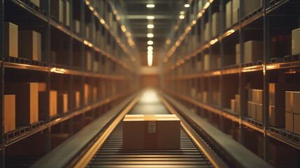 Aufkleber - A conveyor belt with a package in a warehouse filled with shelves of boxes.