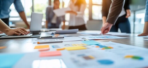 Poster - A collaborative workspace with documents and laptops for a business meeting.