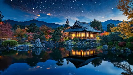 Wall Mural - serene evening at a traditional japanese villa surrounded by autumn foliage and a starry sky