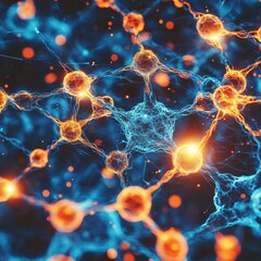 Poster - Neural Network, Brain Activity, Synapses, Neuron Connection, Abstract Background, Blue and Orange.