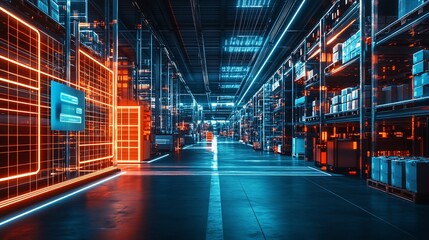 Poster - Futuristic warehouse interior with glowing lines and organized shelves.