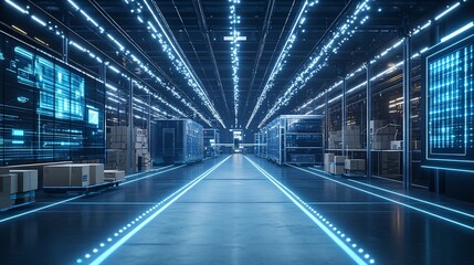 Poster - Futuristic warehouse with glowing lines and digital displays.