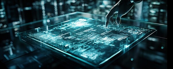 Poster - ai robot analyzing a holographic interface with futuristic elements