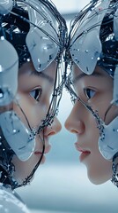 Poster - Artificial intelligence shaping digital transformation, humanoid robots interacting with data streams in a hyper-modern lab