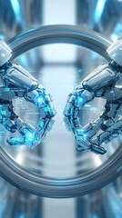 Poster - Artificial intelligence shaping digital transformation, humanoid robots interacting with data streams in a hyper-modern lab