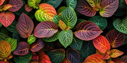 Wall Mural - Vibrant flowers on fittonia plants showcased in a garden setting. This closeup highlights the green and red leaf patterns, perfect for illustrating leaf texture in your background design.